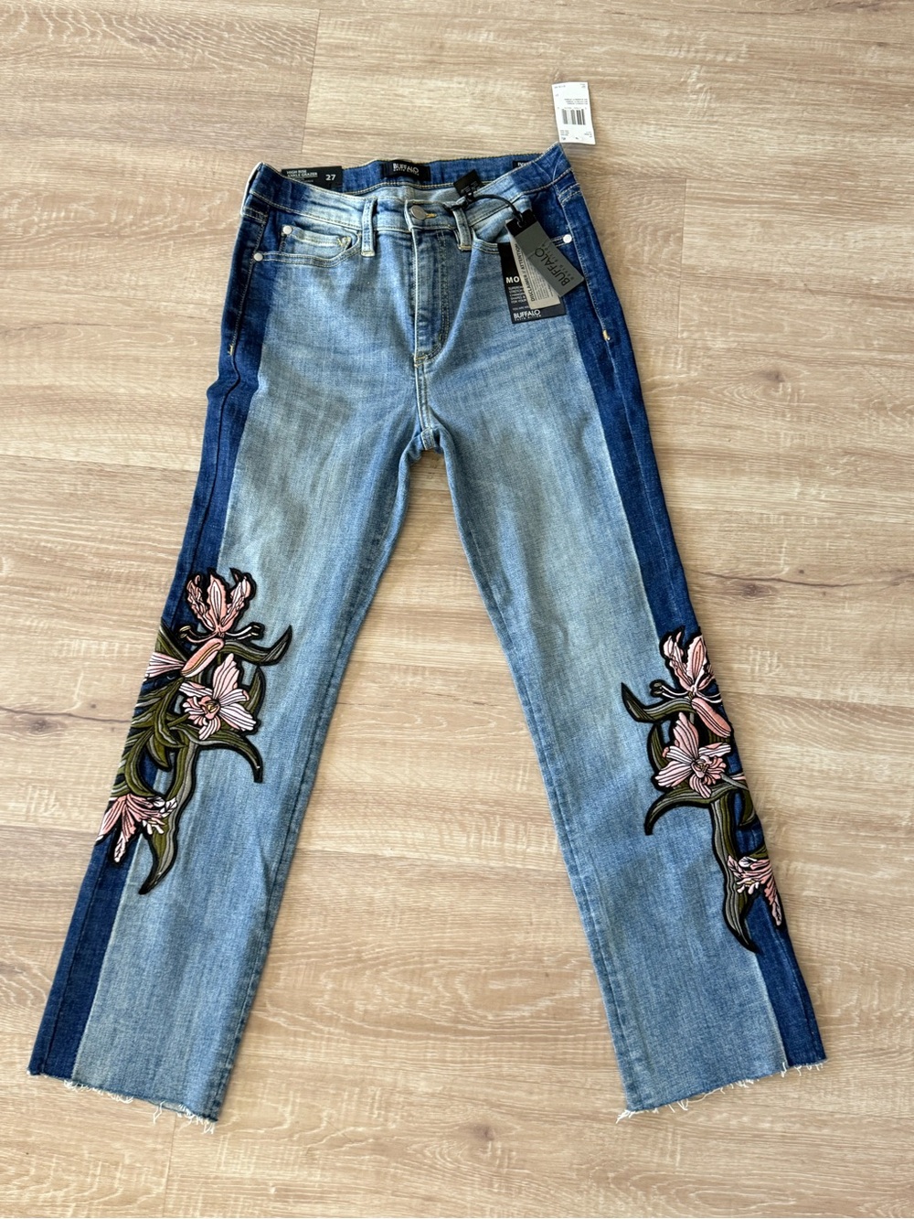 Buffalo David Bitton Two-Tone Blue Jeans with Pink Floral Appliqué